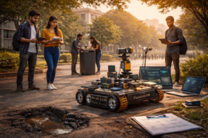 University students monitor rover data outdoors